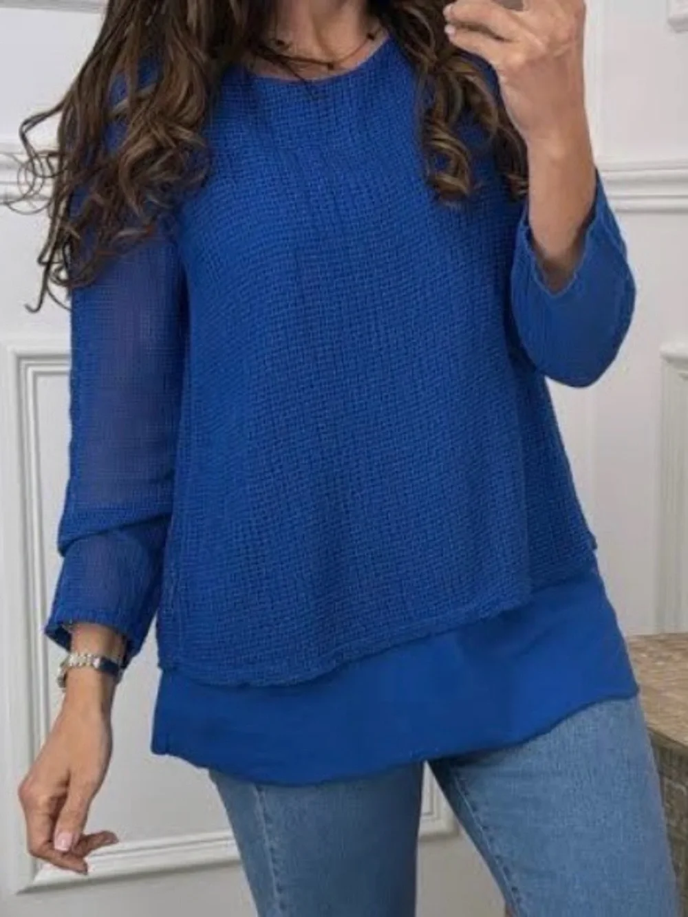 Kim Rogers Royal Blue Long Sleeve Textured Women's lined Top in large